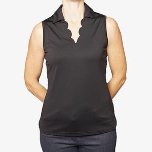 Pebble Beach Scallop Neck Sleeveless Polo in Black, Size Small